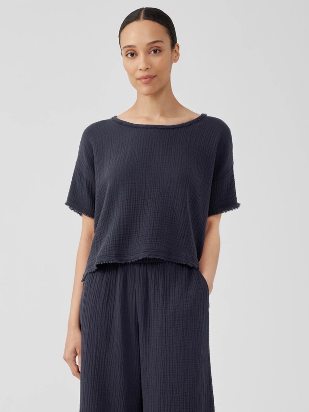 Eileen Fisher Women S Organic Cotton Gauze Box Top Raw Edge Relaxed Fit Casual